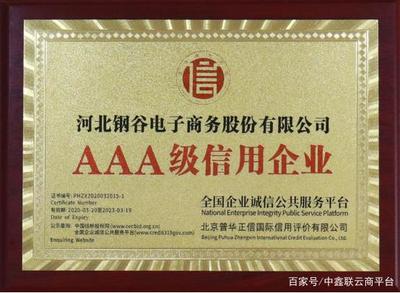 喜訊！河北鋼谷電子商務股份榮獲AAA級企業信用等級證書